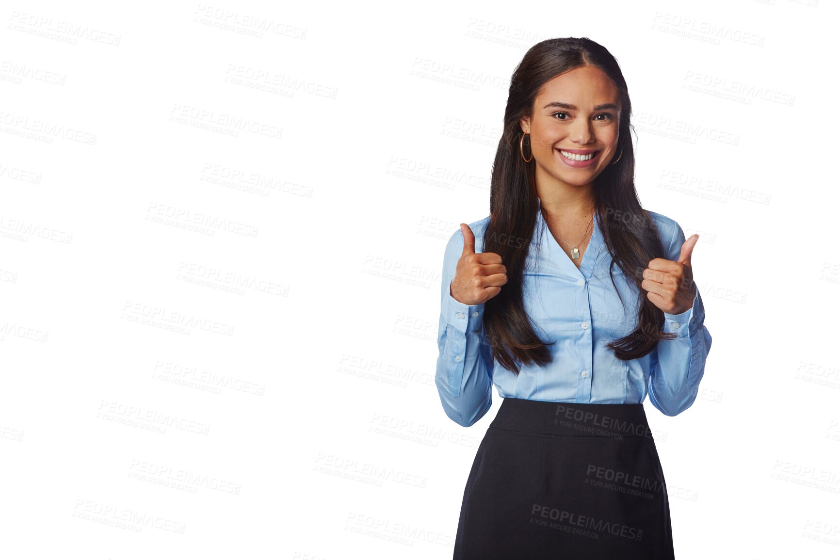 Buy stock photo Portrait, happiness and business woman with thumbs up isolated on a transparent png background. Hand gesture, smile and female entrepreneur with like emoji, ok or success, excellence and agreement.