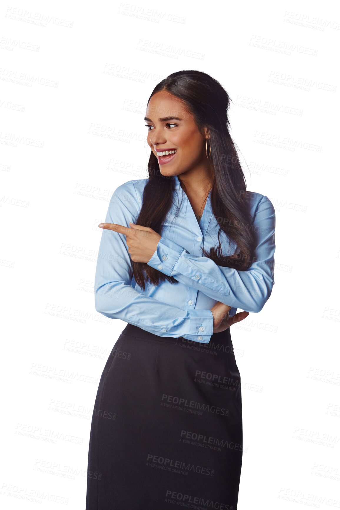 Buy stock photo Happy business woman pointing to advertising, corporate announcement and news deal. Female worker, marketing promotion and review of information, opportunity or isolated on transparent png background