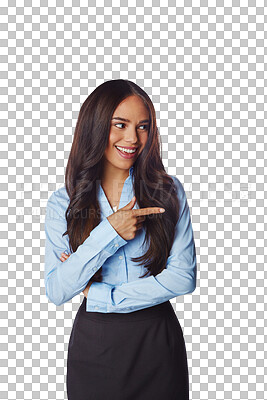 Buy stock photo Smile, business woman and pointing at promo while isolated on transparent png background. Happy female worker, advertising announcement and presentation of brand deal, corporate news and launch offer