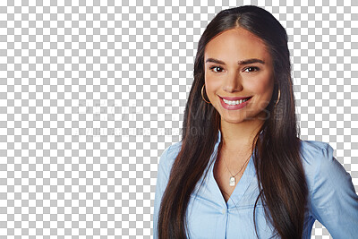 Buy stock photo Smile, business or portrait of happy woman with leadership, positive mindset or corporate work success. Face, confident or proud girl employee smiling isolated on transparent png background