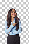 Deal, sale and business woman pointing fingerisolated on a png background. Gesture, space and happy corporate female showing copy space or mock up and smiling
