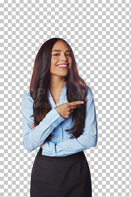 Buy stock photo Portrait, happy woman and pointing to advertising, sales offer and information of business opportunity. Female worker, announcement and promotion of news review isolated on transparent png background