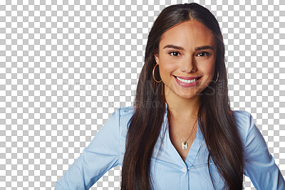Buy stock photo Happy, business and portrait of woman with a smile, corporate and fashion outfit. Happiness, confidence and female professional model from Mexico with pride isolated on a transparent, png background
