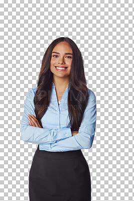 Buy stock photo Portrait, happiness and business woman with arms crossed isolated on a transparent png background. Professional, smile and confident female person, entrepreneur and corporate worker with career pride