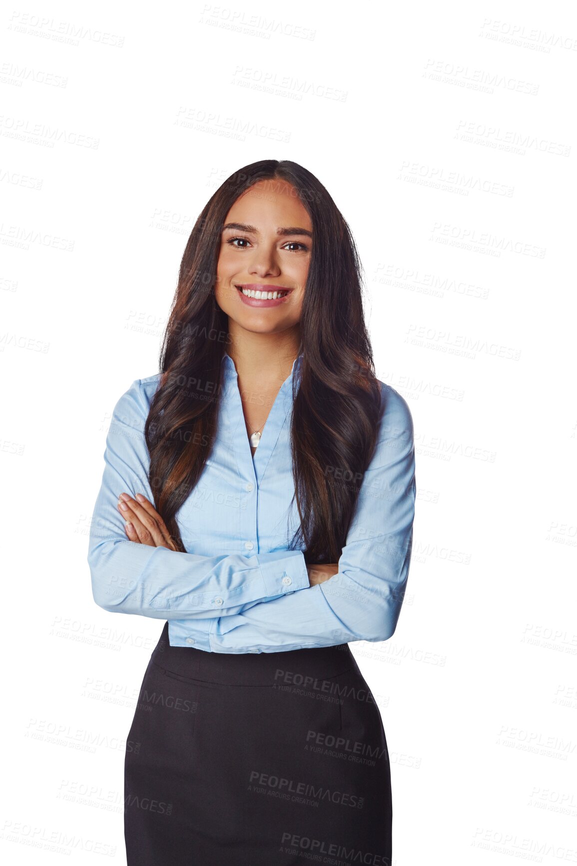 Buy stock photo Portrait, happiness and business woman with arms crossed isolated on a transparent png background. Professional, smile and confident female person, entrepreneur and corporate worker with career pride