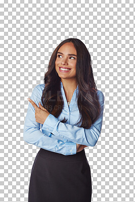 Buy stock photo Happy woman, pointing and thinking of ideas, advertising information and launch of deal. Female employee smile for promotion of news, business opportunity and isolated on a transparent png background