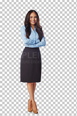 Buy stock photo Arms crossed, business and portrait of woman on png background for happy, professional and corporate style. Smile, confident and empowerment with female isolated on transparent for formal and pride