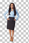 Professional businesswoman, happy portrait and confidence with arms akimbo for corporate pride and management. Smile, face and happy female employee, isolated on a png background with style