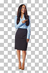 Smile, happiness and businesswoman pointing to advertising space to show isolated, png and transparent background. Happy female staff showing a promo area