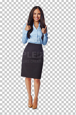 Buy stock photo Thumbs up, portrait and smile of business woman isolated on transparent png background of trust, review and yes. Happy female worker, thumb and success of winner, thank you and feedback of like emoji