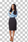Isolated, pointing and happy businesswoman showing transparent, png background for marketing space. Smile, hand gesture and professional female employee presenting an area for a corporate idea