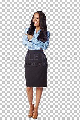Buy stock photo Happy woman, corporate worker and pointing while isolated on transparent png background. Female employee advertising promotion, review and smile for presentation of deal, choice and offer coming soon