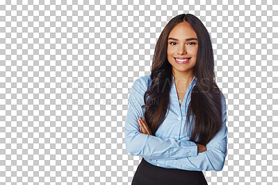 Buy stock photo Portrait, happy and business woman with arms crossed isolated on a transparent png background. Professional, smile and confident female person or entrepreneur from Brazil with pride for career or job