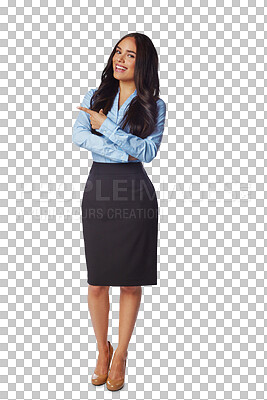 Buy stock photo Professional woman is pointing, marketing and portrait with smile isolated on transparent, png background. Business advertising, opportunity and announcement with presentation and female presenter