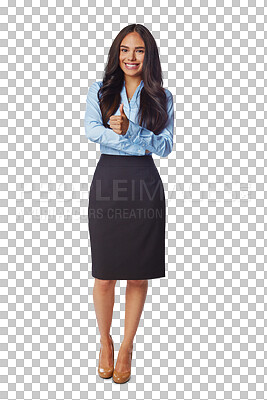 Thumbs up, portrait and happy businesswoman with a positive corporate review while isolated on a transparent, png background. Like, smile and hand gesture with a female employee with a deal