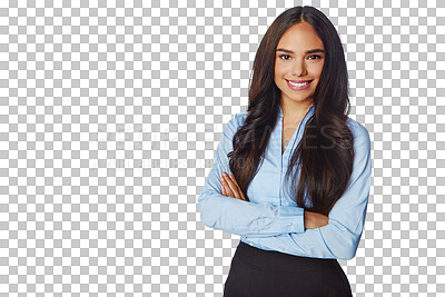 Buy stock photo Portrait, smile and business woman with arms crossed isolated on a transparent png background. Professional, happiness and confident female person or entrepreneur from Brazil with pride for career.