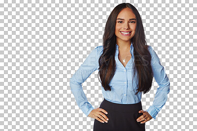 Buy stock photo Hand on hips, portrait and business woman standing isolated on a transparent png background. Professional, happiness and confident female person or entrepreneur from Brazil with pride for career.