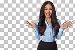 Happy,  businesswoman and portrait of an excited person with corporate good news and a positive mindset. Isolated, transparent and png background with a cheerful female office professional
