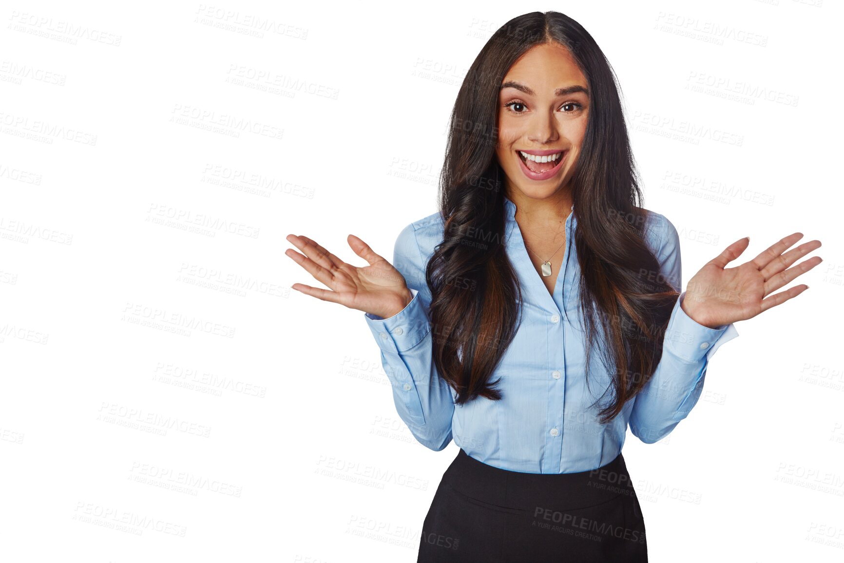 Buy stock photo Excited, business and portrait of woman with a smile, corporate news or announcement. Happiness, confidence and professional female with hands for surprise isolated on a transparent, png background

