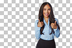 Thumbs up, businesswoman and happy portrait for corporate success, good news and winning on an isolated, transparent png background. Like, review and female employee with positive hand gesture