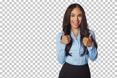 Buy stock photo Thumbs up, portrait and professional woman isolated on transparent, png background for success, support or like. Happy winner, model or business biracial person in yes, ok emoji and thank you hands
