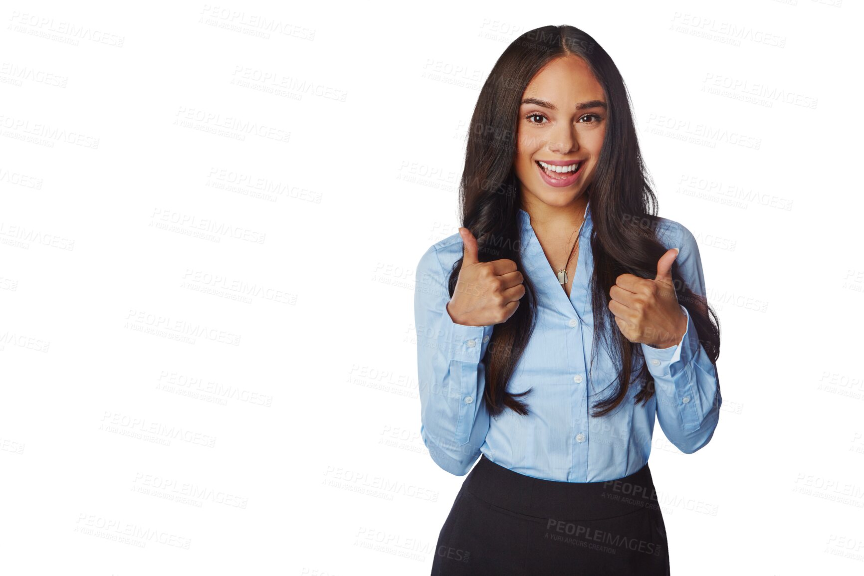 Buy stock photo Thumbs up, portrait and professional woman isolated on transparent, png background for success, support or like. Happy winner, model or business biracial person in yes, ok emoji and thank you hands