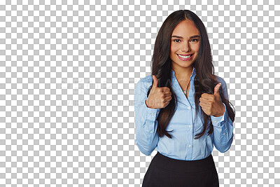 Buy stock photo Thumbs up, portrait and woman employee isolated on transparent, png background for success, support or like. Happy winner, professional or business biracial person in yes, ok emoji or thank you hands