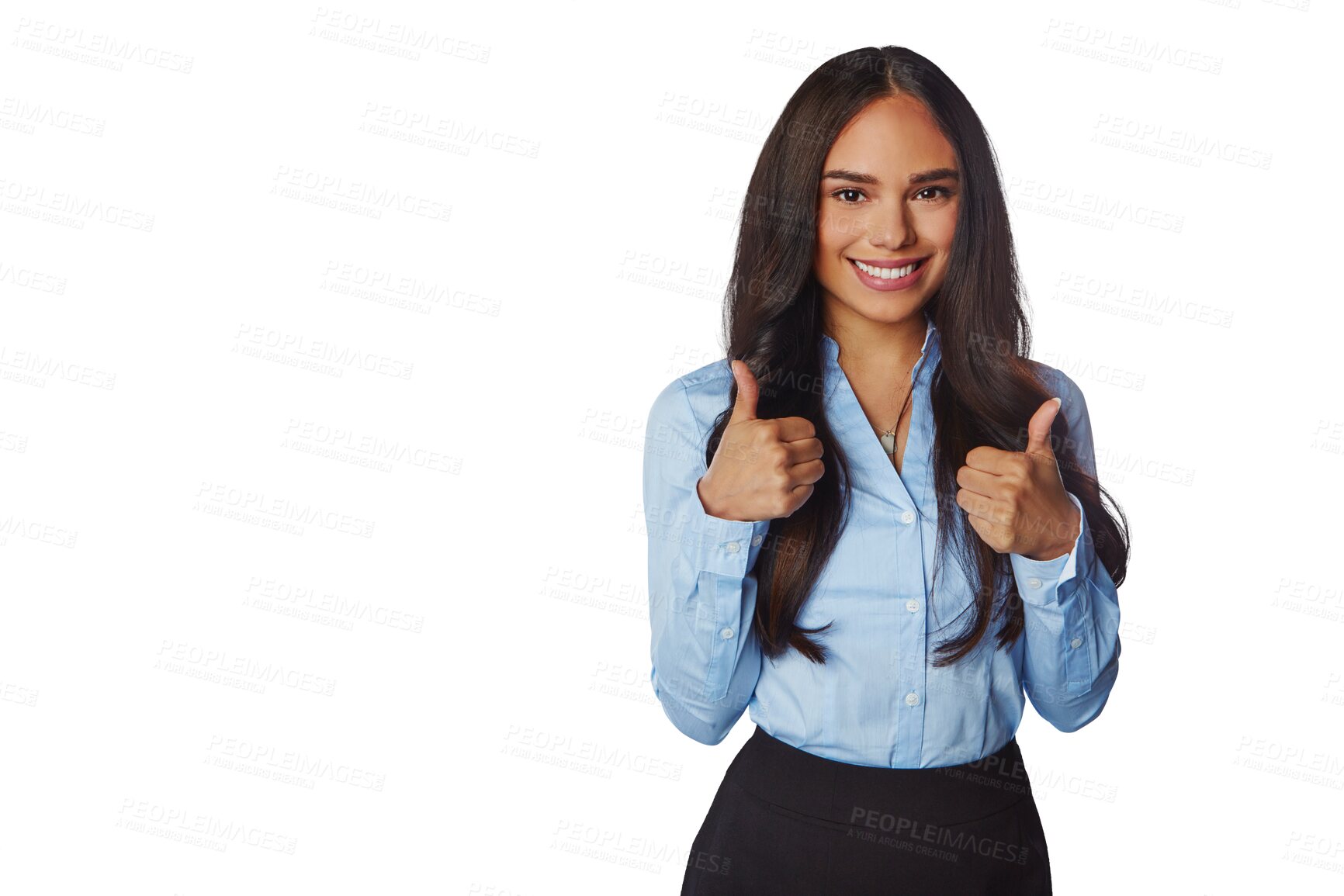 Buy stock photo Thumbs up, portrait and woman employee isolated on transparent, png background for success, support or like. Happy winner, professional or business biracial person in yes, ok emoji or thank you hands