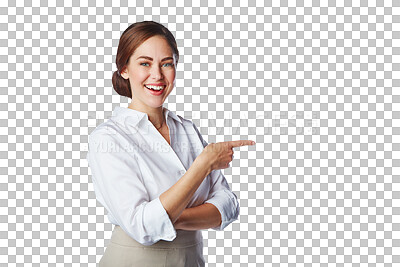 Buy stock photo Portrait, woman and smile of worker pointing while isolated on transparent png background. Excited female employee advertising business promotion, review and presentation of deal, vote or information