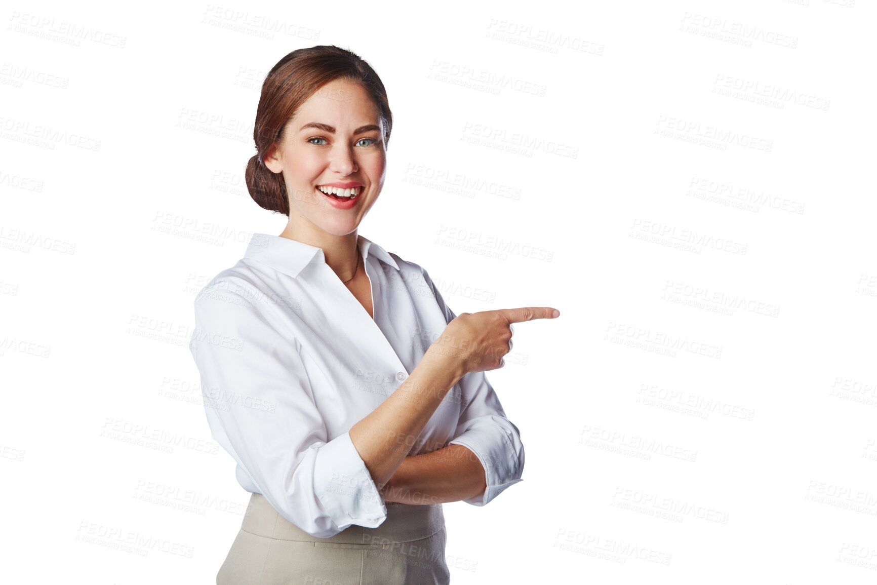 Buy stock photo Portrait, woman and smile of worker pointing while isolated on transparent png background. Excited female employee advertising business promotion, review and presentation of deal, vote or information