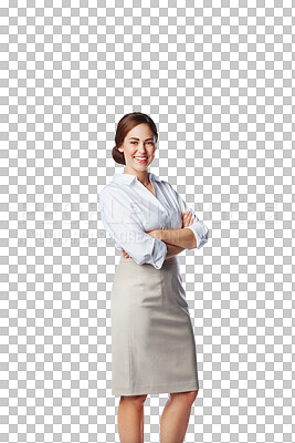 Buy stock photo Smile, business woman and portrait with arms crossed isolated on a transparent png background. Professional, happiness and confident female person or entrepreneur from Canada with pride for career.