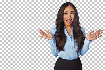 Buy stock photo Business woman, excited and surprise portrait with a smile, corporate or professional outfit. Happy, confident and female entrepreneur with wow announcement isolated on a transparent, png background
