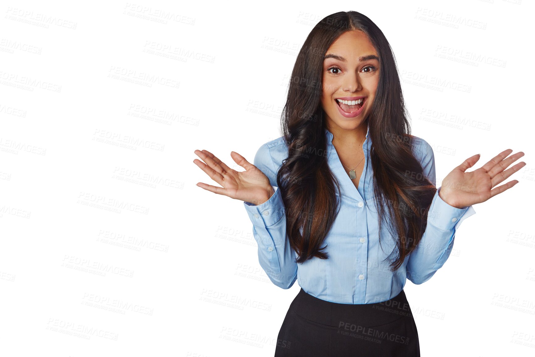 Buy stock photo Business woman, excited and surprise portrait with a smile, corporate or professional outfit. Happy, confident and female entrepreneur with wow announcement isolated on a transparent, png background
