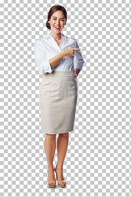 Buy stock photo Corporate woman is pointing, marketing and portrait with smile isolated on transparent, png background. Business advertising, opportunity and announcement with presentation and female presenter