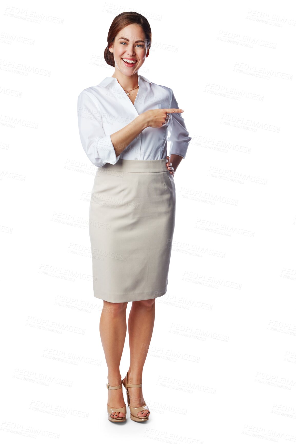 Buy stock photo Corporate woman is pointing, marketing and portrait with smile isolated on transparent, png background. Business advertising, opportunity and announcement with presentation and female presenter