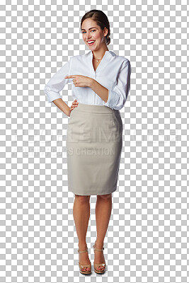 Buy stock photo Business woman is pointing, advertising with portrait and happy isolated on transparent, png background. Professional marketing, opportunity and announcement with presentation and female presenter