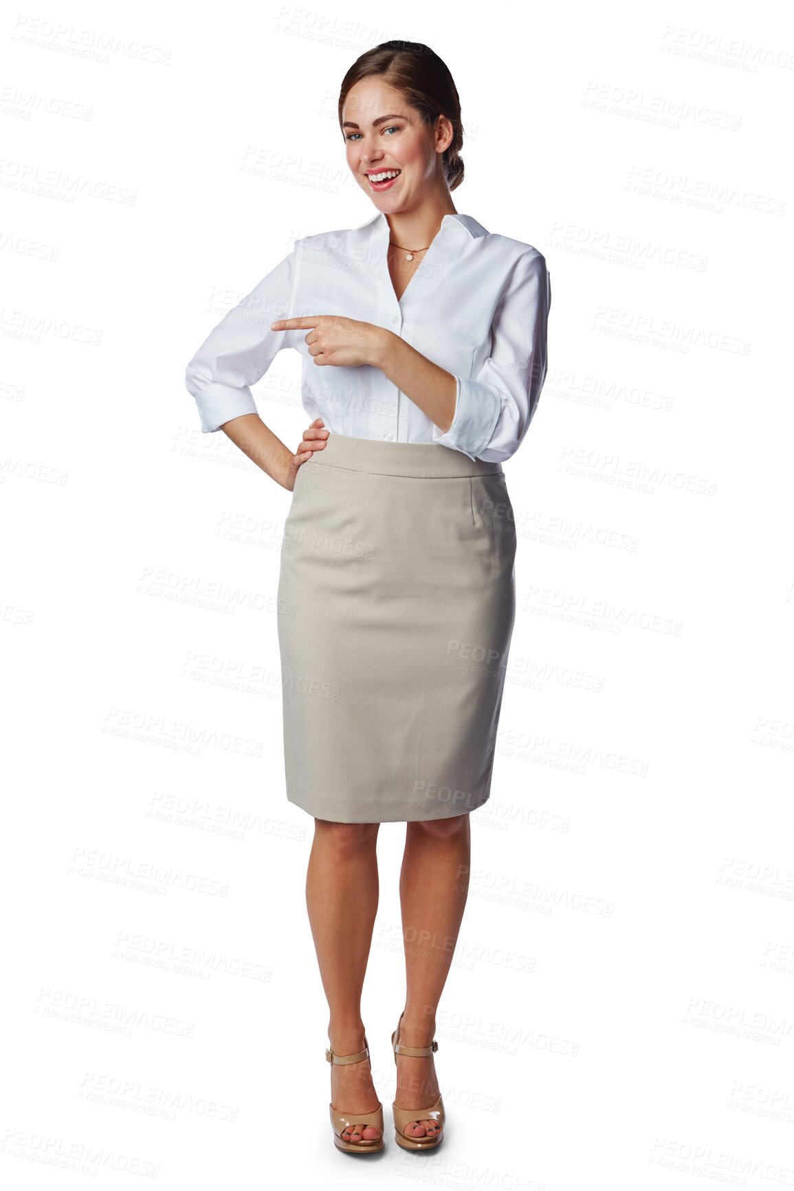 Buy stock photo Business woman is pointing, advertising with portrait and happy isolated on transparent, png background. Professional marketing, opportunity and announcement with presentation and female presenter