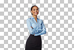 Arms crossed, smile and proud businesswoman with a positive mindset in portrait while isolated on a transparent, png background. Confidence, happiness and face of a smiling female employee