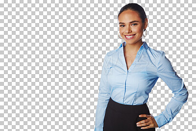 Buy stock photo Portrait, business woman and hands on hips isolated on a transparent png background. Professional, happiness and confident female person or entrepreneur from Brazil with pride for career or job.