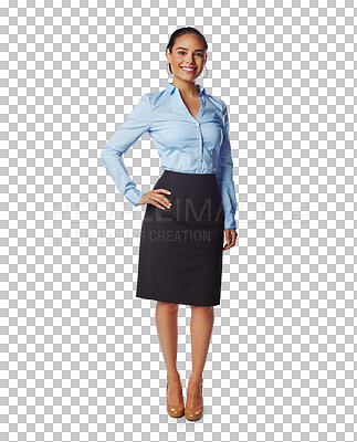 Buy stock photo Portrait, hand on hip and business woman standing isolated on a transparent png background. Professional, happiness and female person or entrepreneur from Brazil with confidence, pride and smile.