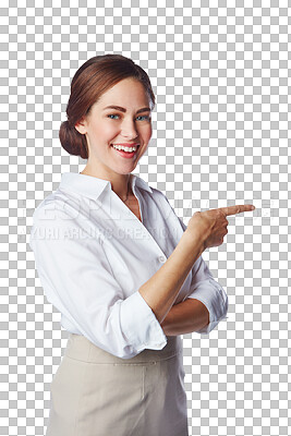 Portrait, happy businesswoman and pointing finger at space for advertising a corporate idea. Isolated, transparent and png background with a happy female employee gesture to marketing space