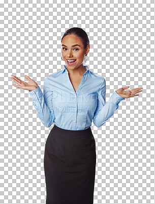 Buy stock photo Business woman, portrait and palm for excited surprise, deal or promotion. Professional female person with hands for advertising wow sale or presentation isolated on a transparent, png background
