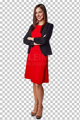 Confidence, arms crossed and portrait of a happy businesswoman with a positive mindset isolated on a transparent, png background. Full body, smile and proud female corporate employee wirth style
