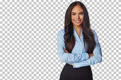 Buy stock photo Happiness, portrait and business woman with arms crossed isolated on a transparent png background. Professional, smile and confident female person or entrepreneur from Brazil with pride for career.