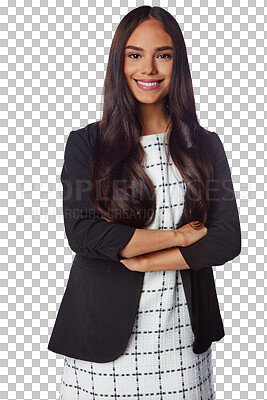 Arms crossed, confidence and smiling woman portrait on a corporate transparent, png background. Pride, style and happy female workplace employee with confident pose and a positive mindset
