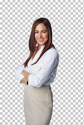 Buy stock photo Business woman, professional and portrait with a smile, corporate and fashion outfit. Happy, confident and female entrepreneur with arms crossed and pride isolated on a transparent, png background
