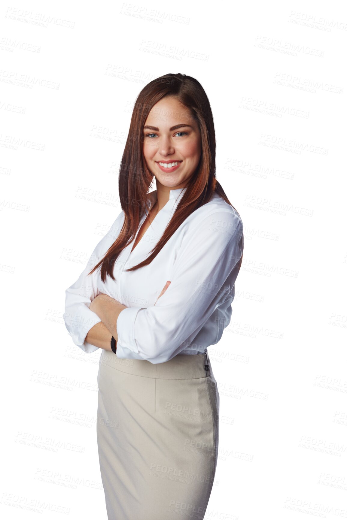 Buy stock photo Business woman, professional and portrait with a smile, corporate and fashion outfit. Happy, confident and female entrepreneur with arms crossed and pride isolated on a transparent, png background
