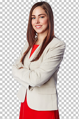 Proud, arms crossed and portrait of confident businesswoman smiling while isolated on a transparent, png background. Corporate success, pride and female staff with happiness for management leadership