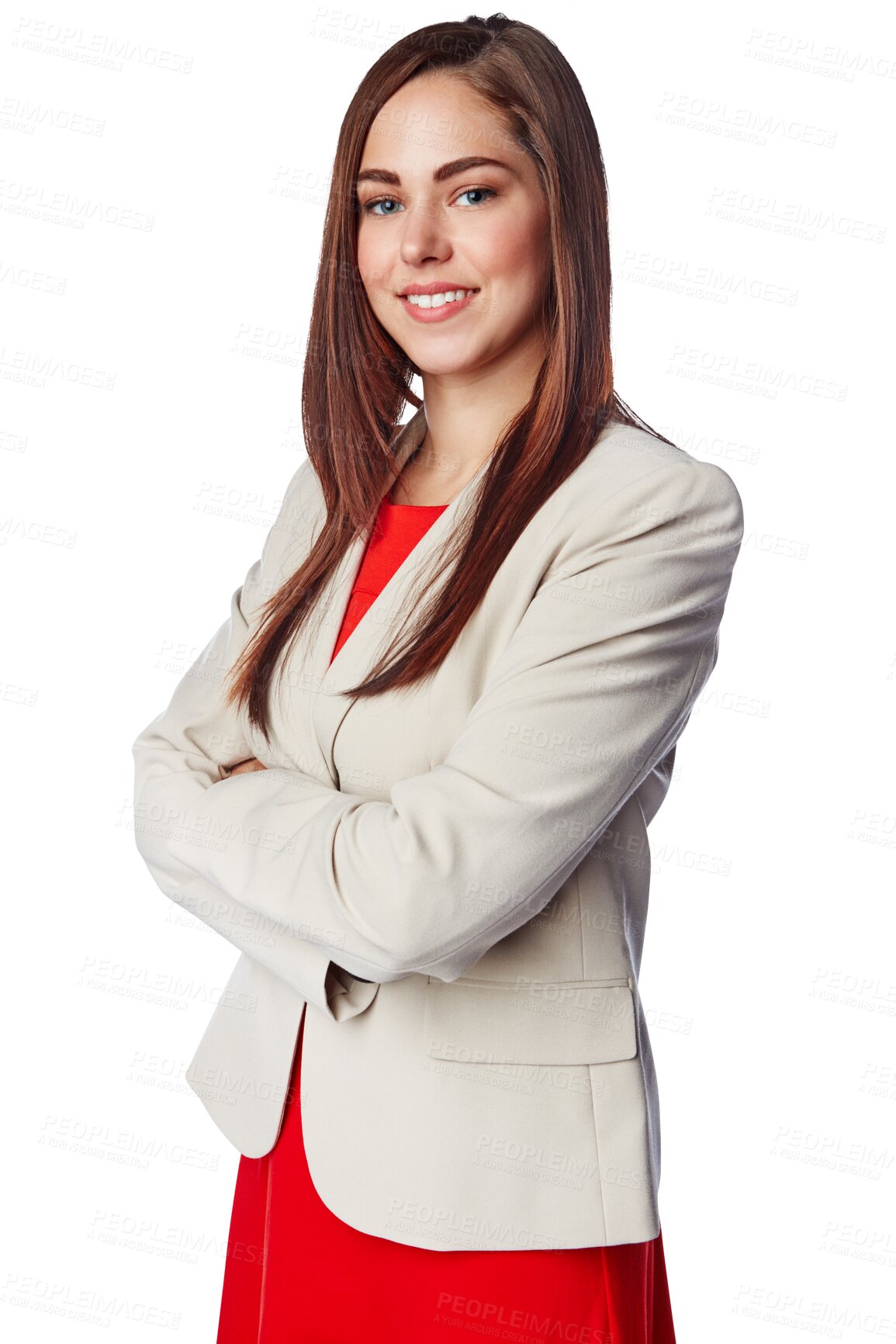 Buy stock photo Business woman, portrait and arms crossed with smile, corporate and fashion outfit. Happiness, confidence and female accountant, worker or employee with pride isolated on transparent png background
