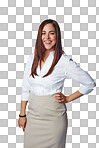 Style, smile and portrait of a happy businesswoman with confidence isolated on a transparent, png background. Fashion, staff and happy female employee posing, proud of her business success